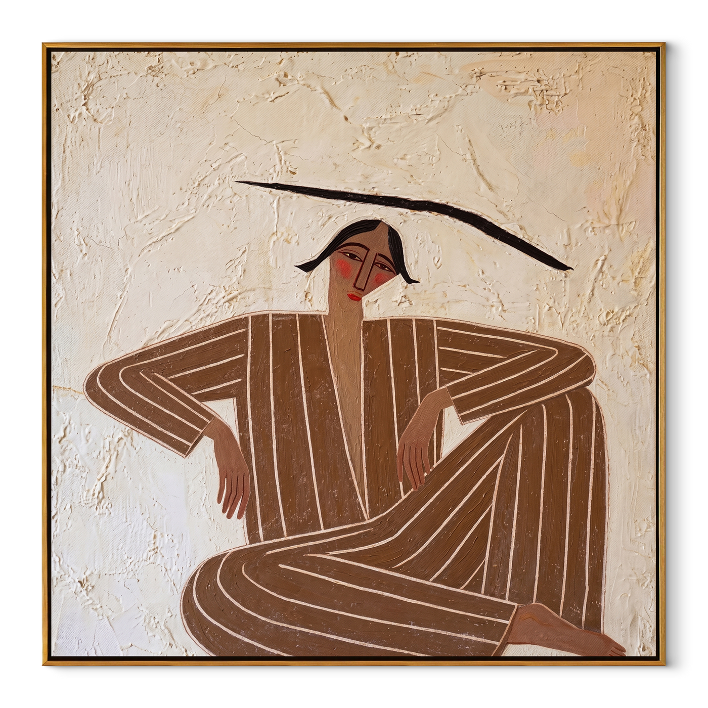 Brown Angles Sit Wide - Cross Legged Stripe Figure painting by Adrian Lee, mid-century modern square wall art – wood frame on white background