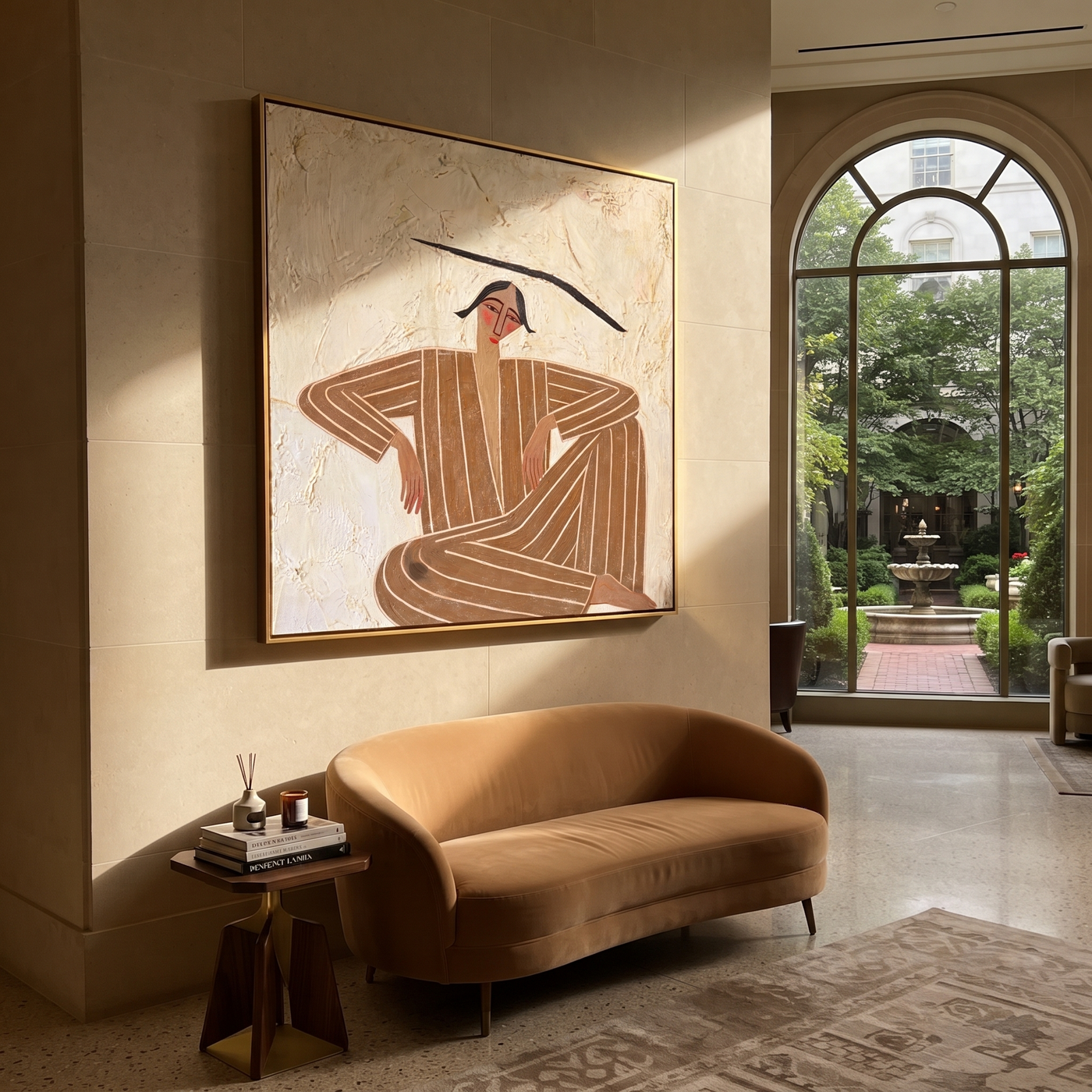 Brown Angles Sit Wide - Cross Legged Stripe Figure painting by Adrian Lee, mid-century modern square wall art – styled room scene view 2