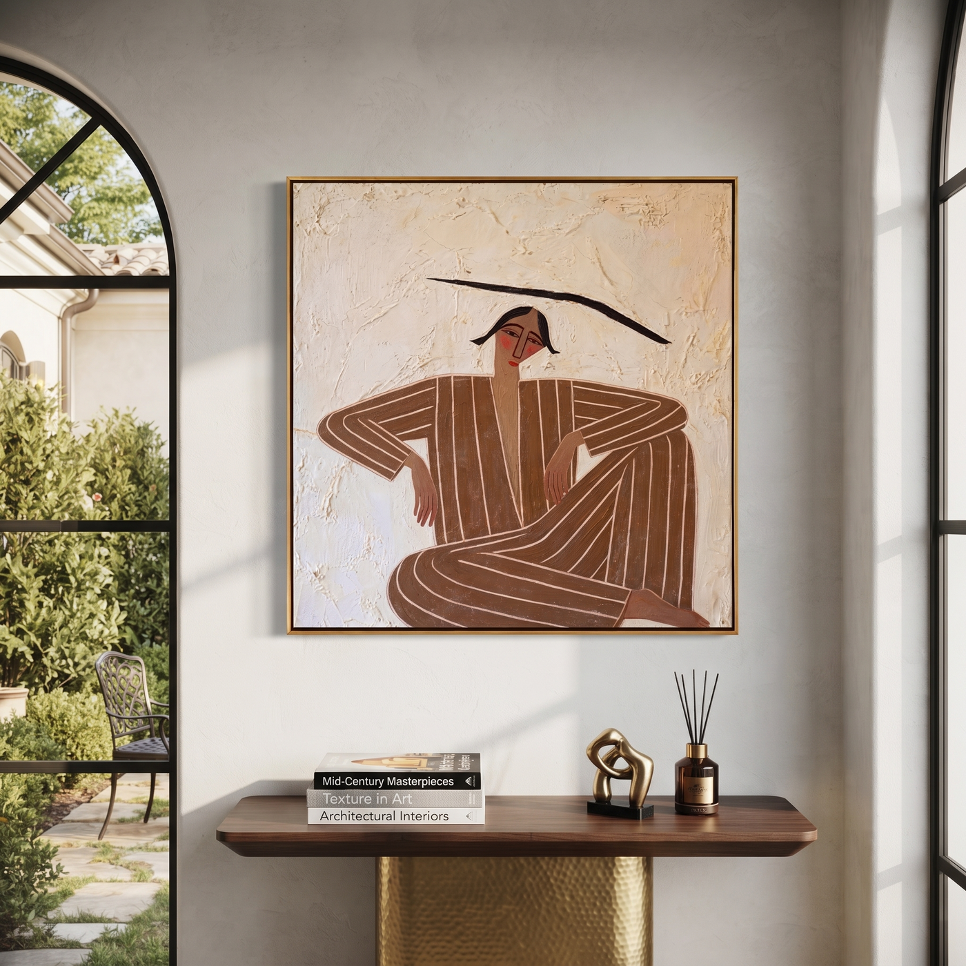 Brown Angles Sit Wide - Cross Legged Stripe Figure painting by Adrian Lee, mid-century modern square wall art – styled room scene view 3