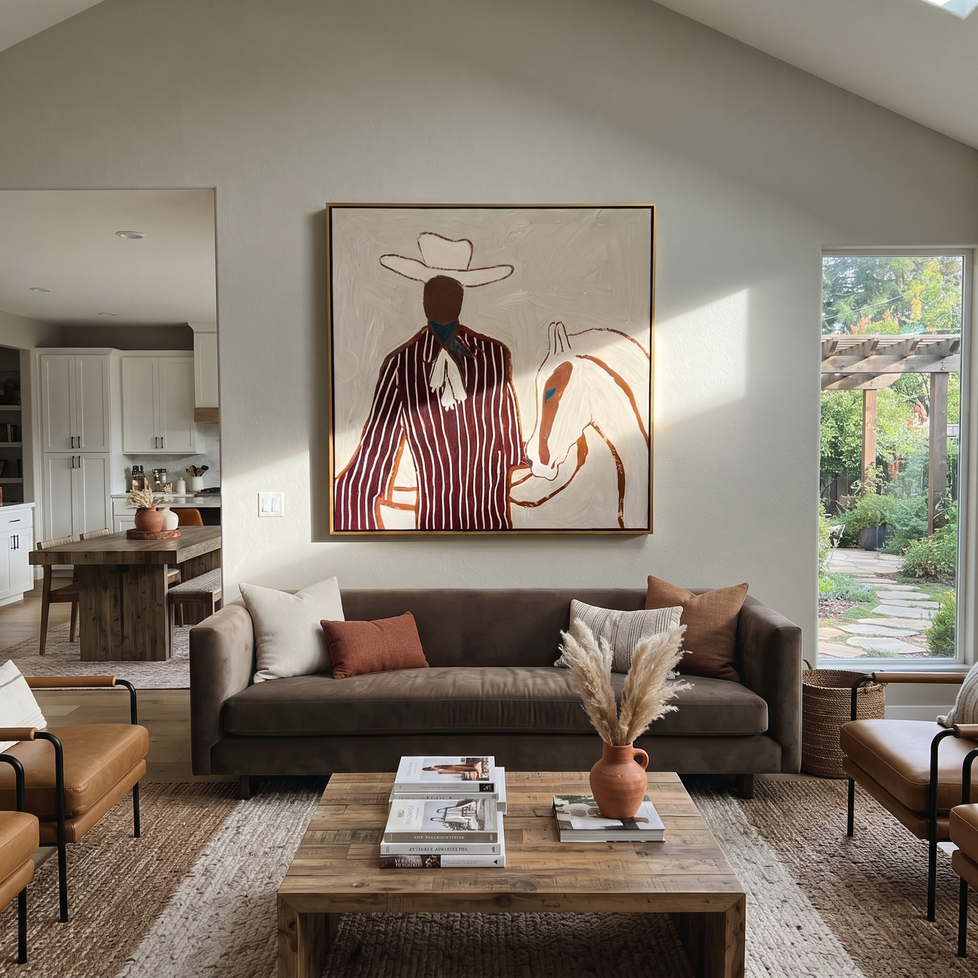 Burgundy Rider Shares Calm - Cowboy and White Horse painting by Adrian Lee, mid-century modern square wall art – styled room scene view 1