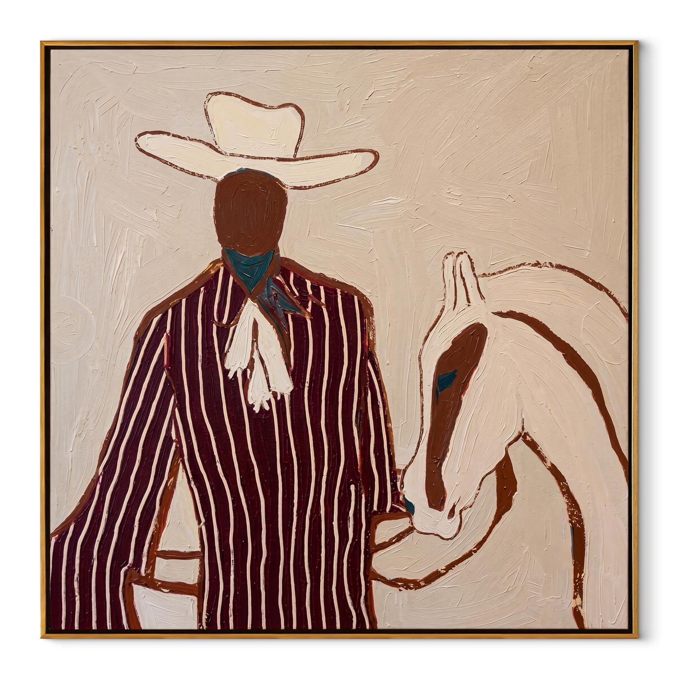 Burgundy Rider Shares Calm - Cowboy and White Horse painting by Adrian Lee, mid-century modern square wall art – wood frame on white background