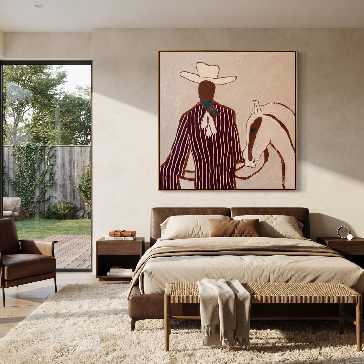 Burgundy Rider Shares Calm - Cowboy and White Horse painting by Adrian Lee, mid-century modern square wall art – styled room scene view 2