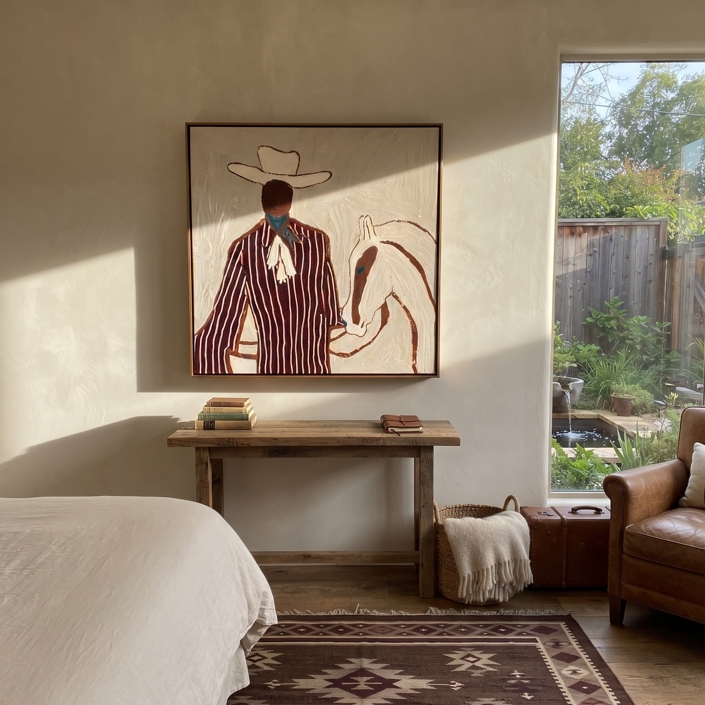 Burgundy Rider Shares Calm - Cowboy and White Horse painting by Adrian Lee, mid-century modern square wall art – styled room scene view 3