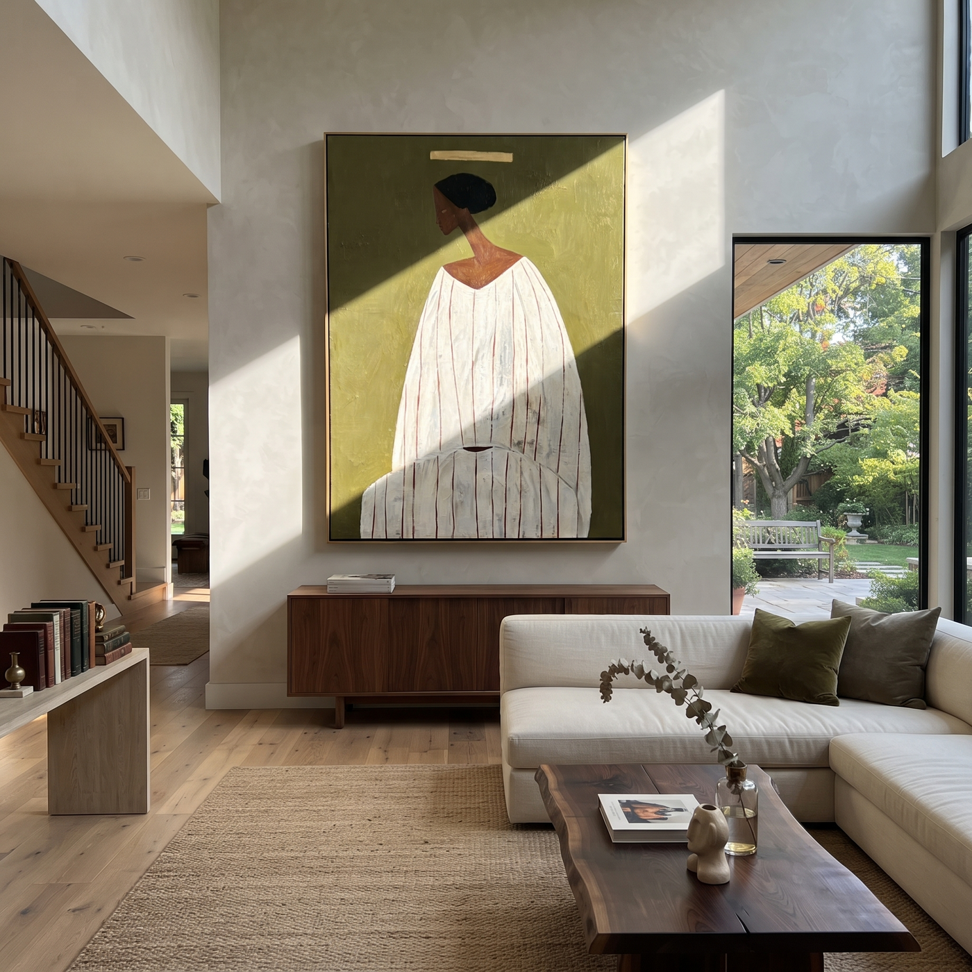 Ivory Robe Holds Olive - Seated Ivory Robe Figure painting by Adrian Lee, mid-century modern vertical wall art – styled room scene view 1