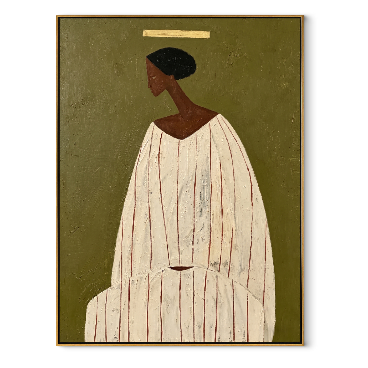 Ivory Robe Holds Olive - Seated Ivory Robe Figure painting by Adrian Lee, mid-century modern vertical wall art – wood frame on white background