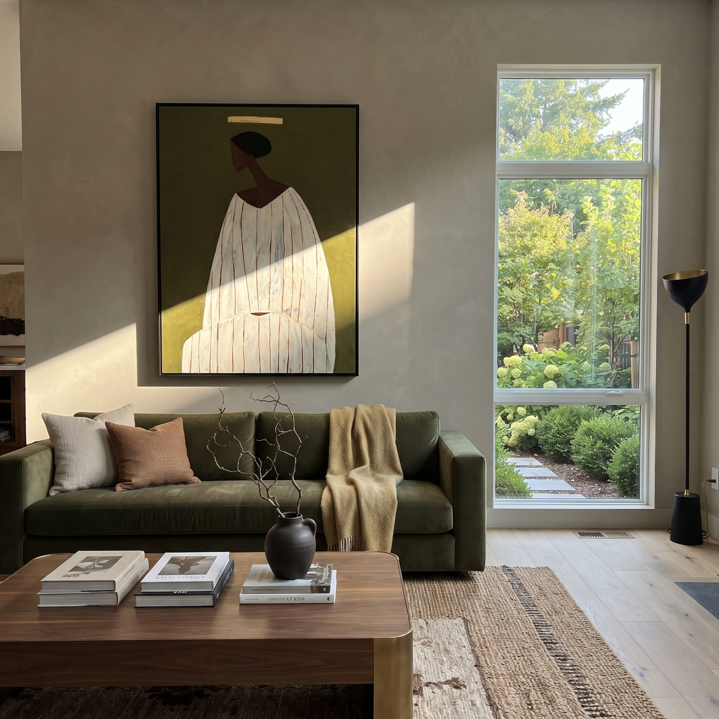 Ivory Robe Holds Olive - Seated Ivory Robe Figure painting by Adrian Lee, mid-century modern vertical wall art – styled room scene view 2