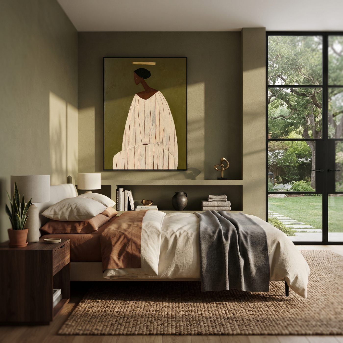 Ivory Robe Holds Olive - Seated Ivory Robe Figure painting by Adrian Lee, mid-century modern vertical wall art – styled room scene view 3