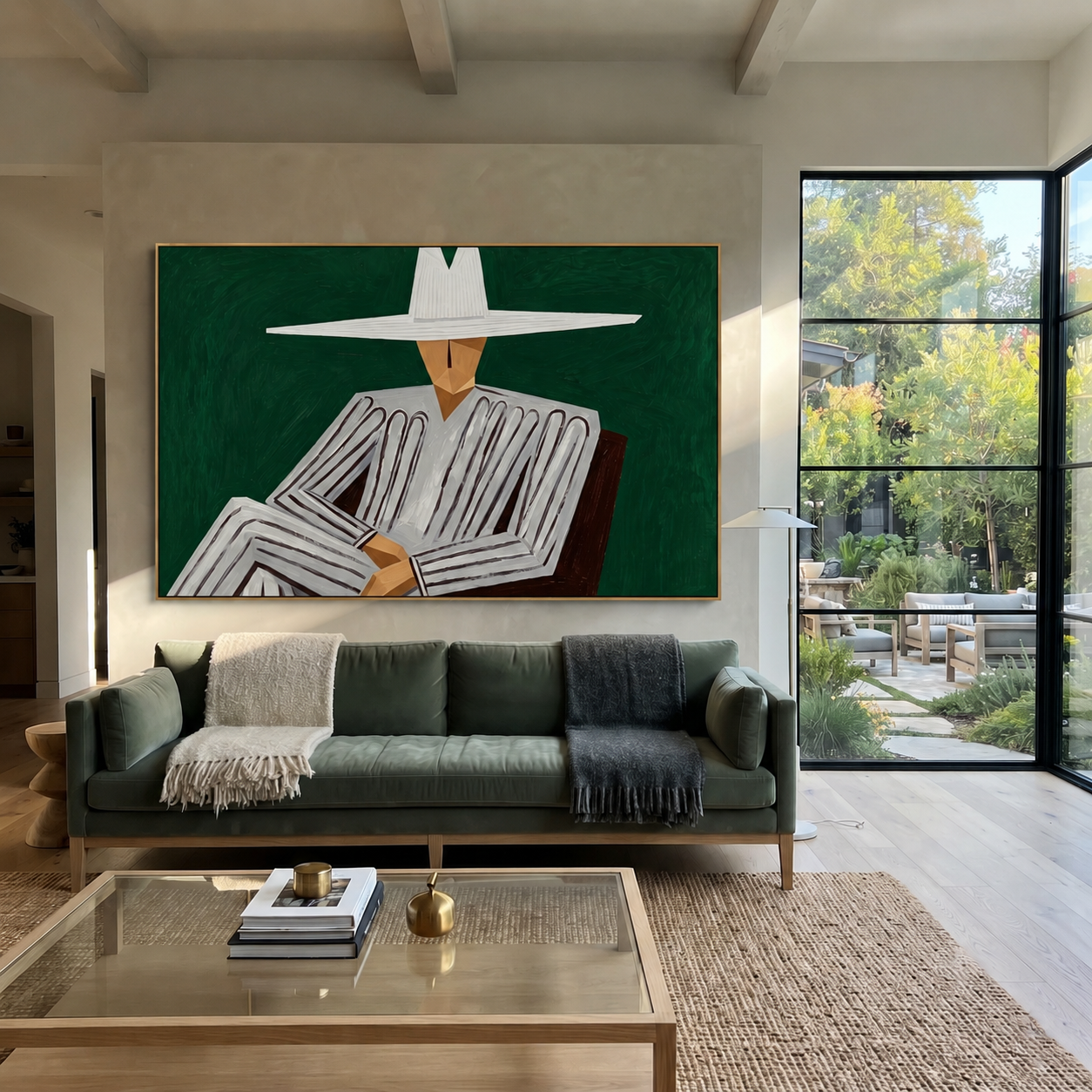 White Brim Folds Gray - Folded Arm White Hat Figure painting by Adrian Lee, mid-century modern horizontal wall art – styled room scene view 1