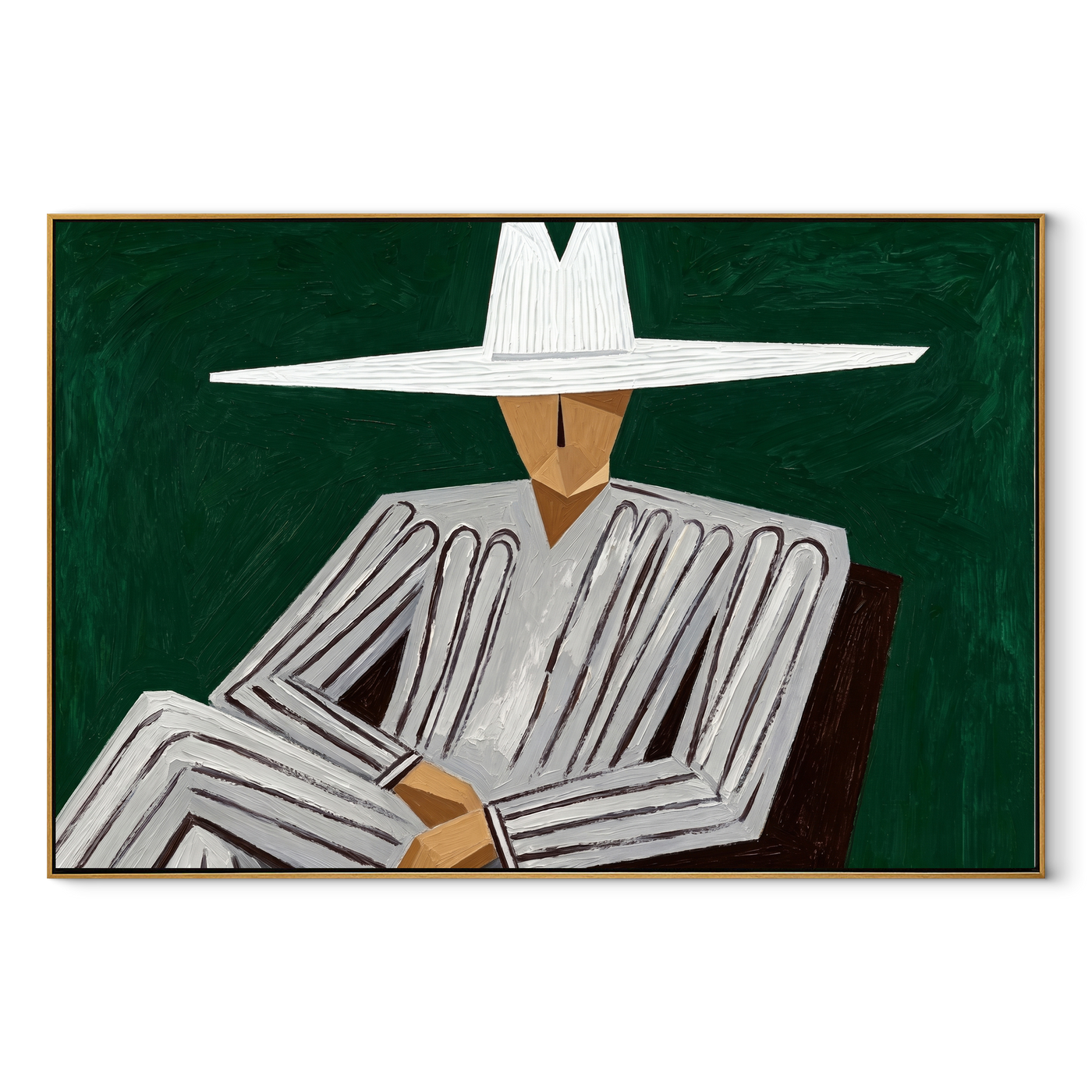 White Brim Folds Gray - Folded Arm White Hat Figure painting by Adrian Lee, mid-century modern horizontal wall art – wood frame on white background