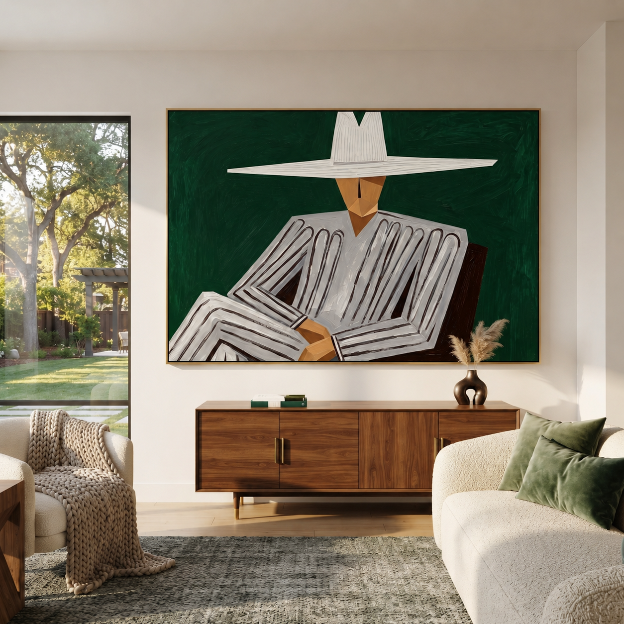 White Brim Folds Gray - Folded Arm White Hat Figure painting by Adrian Lee, mid-century modern horizontal wall art – styled room scene view 2