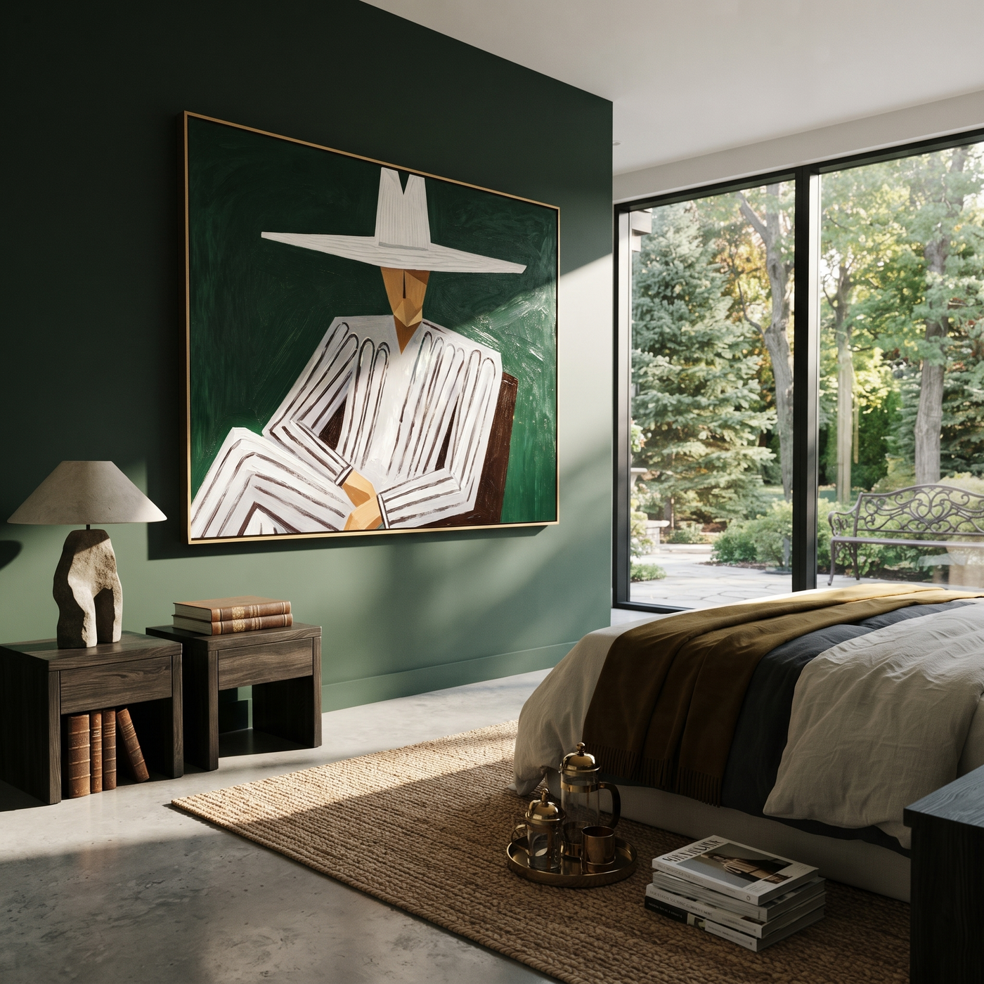 White Brim Folds Gray - Folded Arm White Hat Figure painting by Adrian Lee, mid-century modern horizontal wall art – styled room scene view 3