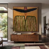 Black Brim Shadows Green - Oversized Hat Stripe Figure painting by Adrian Lee, mid-century modern square wall art – styled room scene view 1