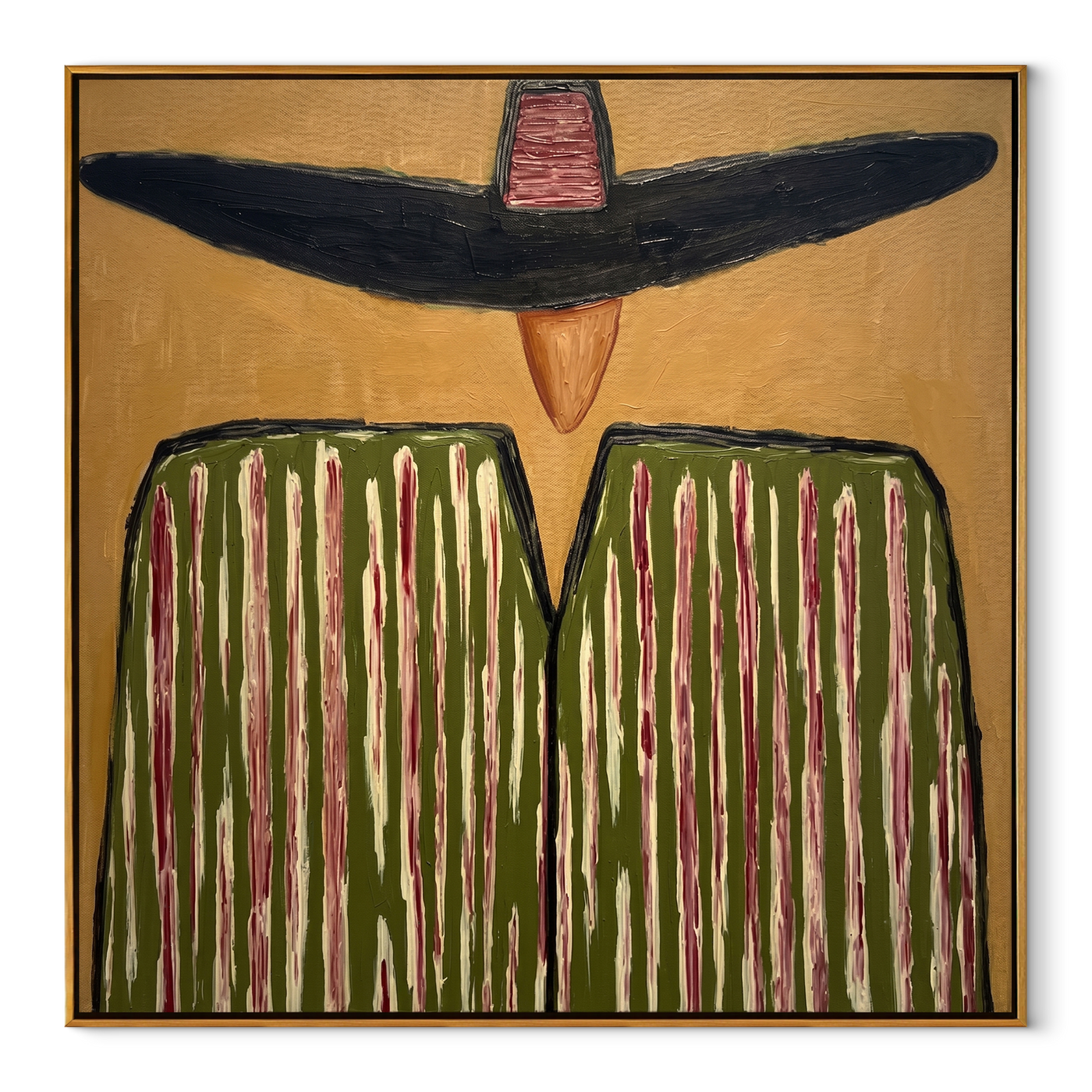 Black Brim Shadows Green - Oversized Hat Stripe Figure painting by Adrian Lee, mid-century modern square wall art – wood frame on white background