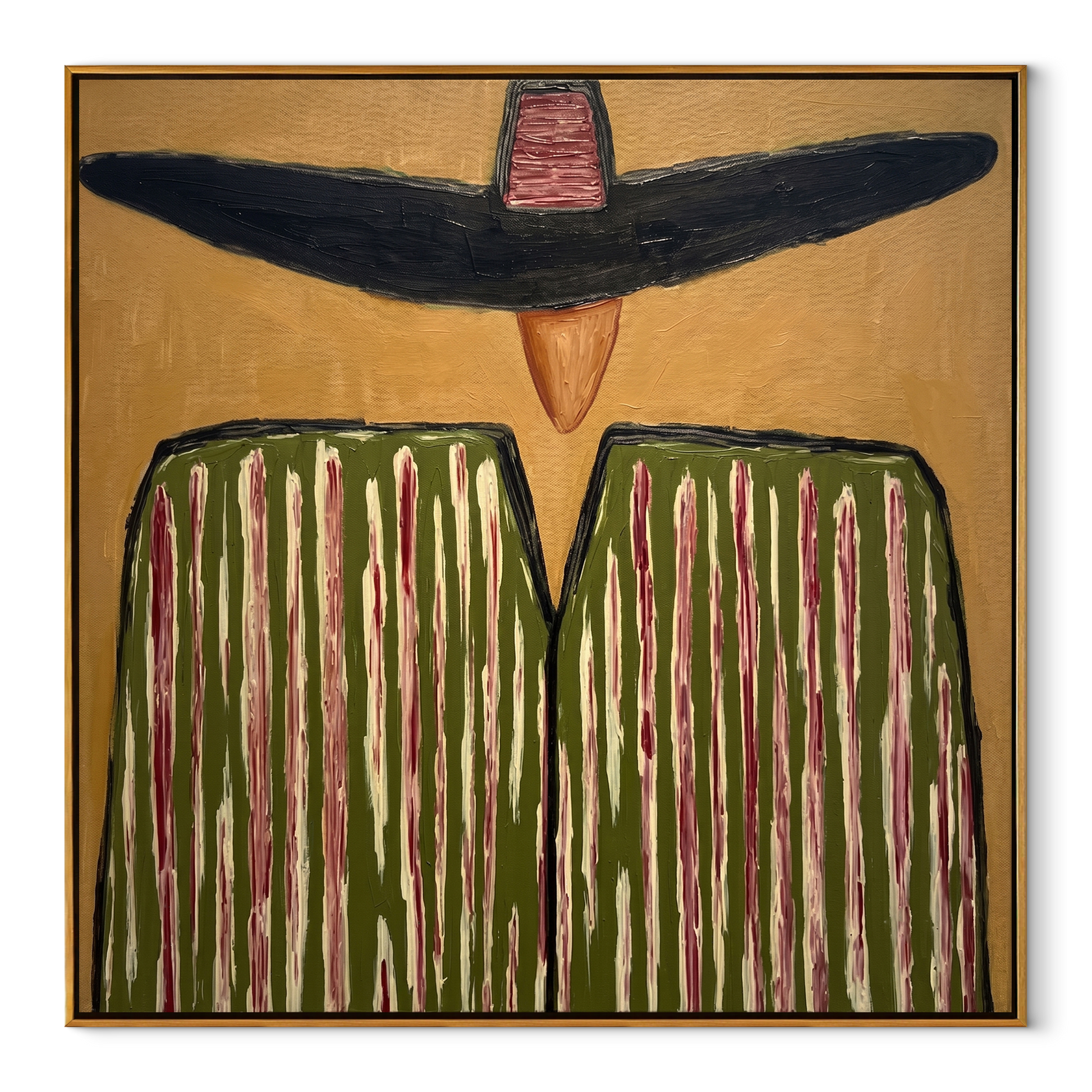 Black Brim Shadows Green - Oversized Hat Stripe Figure painting by Adrian Lee, mid-century modern square wall art – wood frame on white background