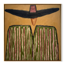 Black Brim Shadows Green - Oversized Hat Stripe Figure painting by Adrian Lee, mid-century modern square wall art – wood frame on white background