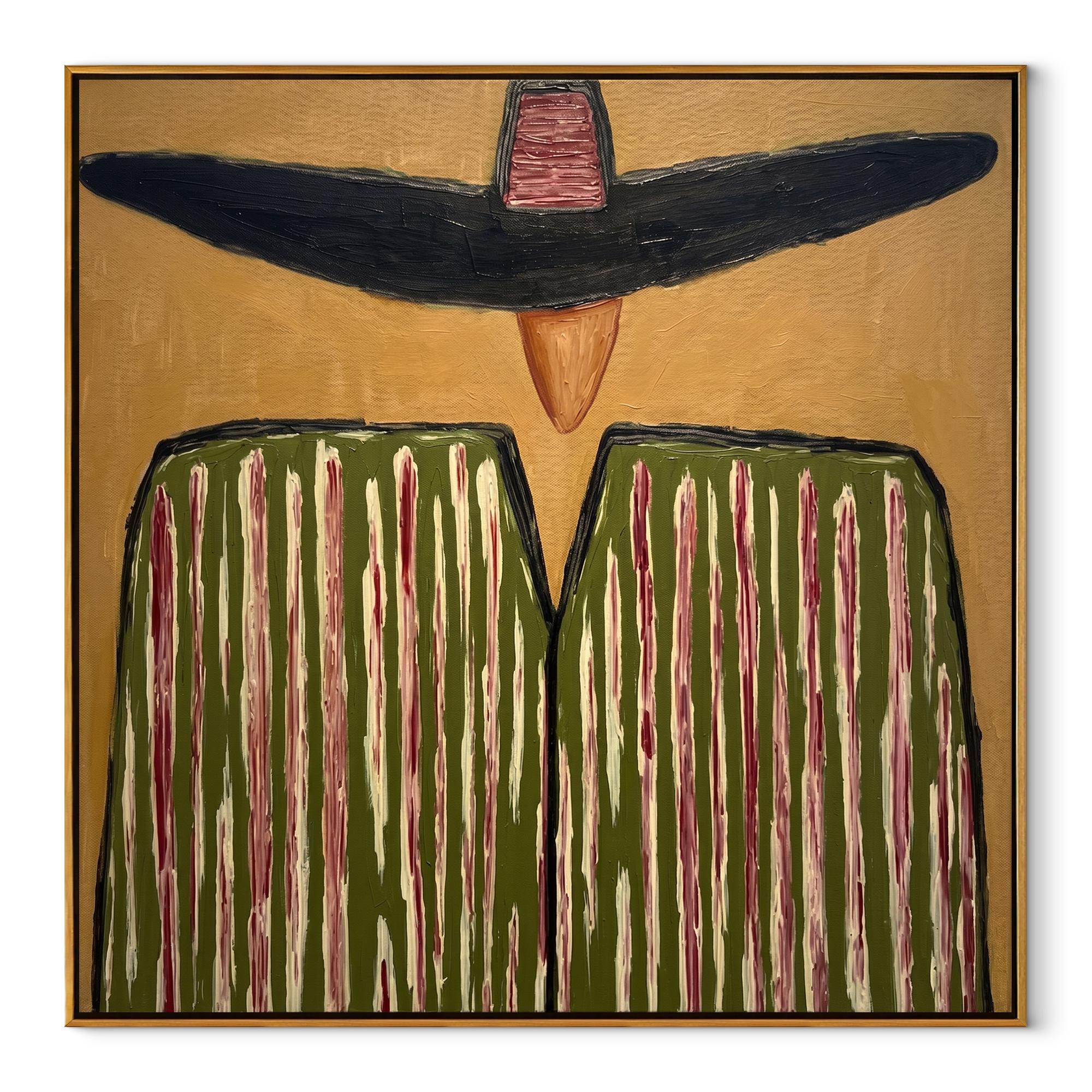 Black Brim Shadows Green - Oversized Hat Stripe Figure painting by Adrian Lee, mid-century modern square wall art – wood frame on white background