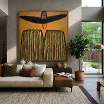 Black Brim Shadows Green - Oversized Hat Stripe Figure painting by Adrian Lee, mid-century modern square wall art – styled room scene view 2