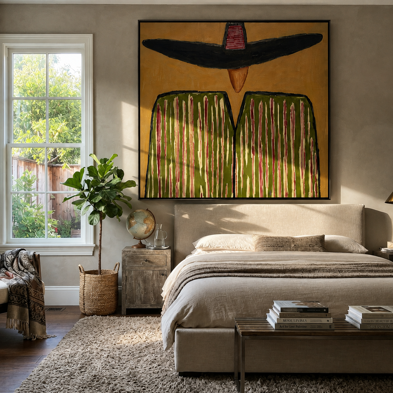 Black Brim Shadows Green - Oversized Hat Stripe Figure painting by Adrian Lee, mid-century modern square wall art – styled room scene view 3