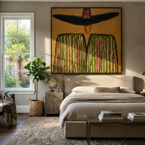 Black Brim Shadows Green - Oversized Hat Stripe Figure painting by Adrian Lee, mid-century modern square wall art – styled room scene view 3