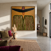 Black Brim Shadows Green - Oversized Hat Stripe Figure painting by Adrian Lee, mid-century modern square wall art – styled room scene view 4
