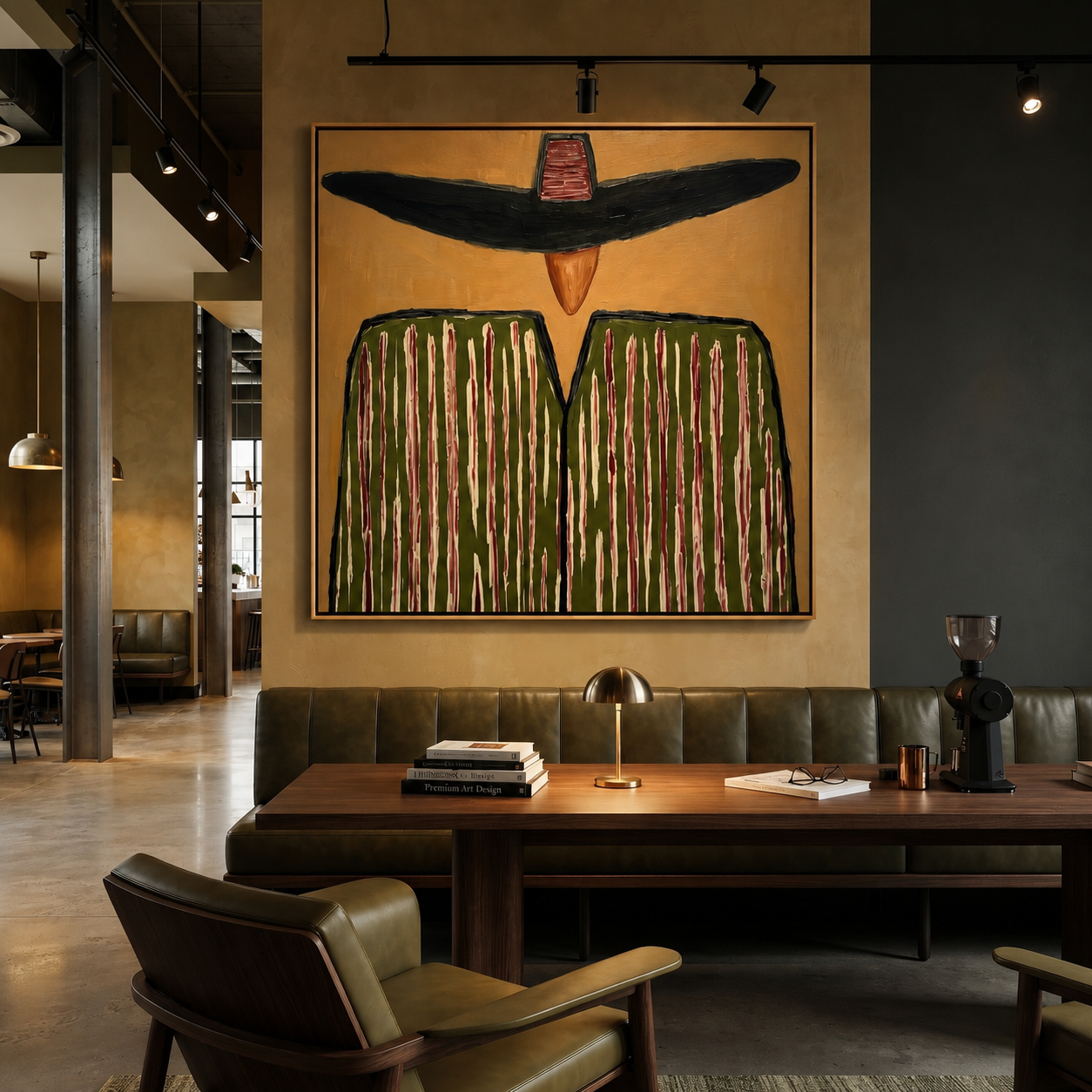 Black Brim Shadows Green - Oversized Hat Stripe Figure painting by Adrian Lee, mid-century modern square wall art – styled room scene view 5