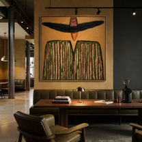 Black Brim Shadows Green - Oversized Hat Stripe Figure painting by Adrian Lee, mid-century modern square wall art – styled room scene view 5