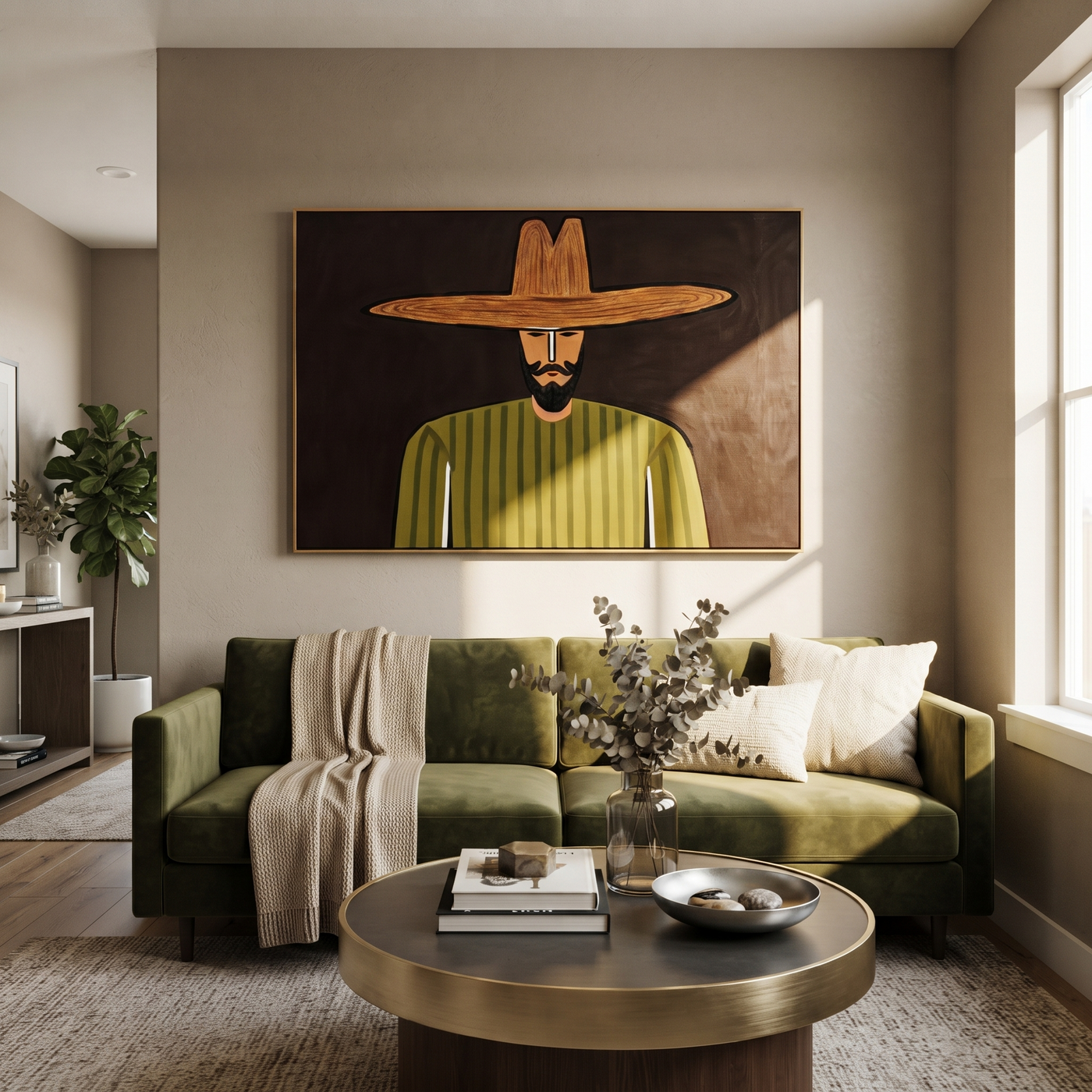 Olive Lines Face Midnight - Bearded Olive Portrait painting by Adrian Lee, mid-century modern horizontal wall art – styled room scene view 1