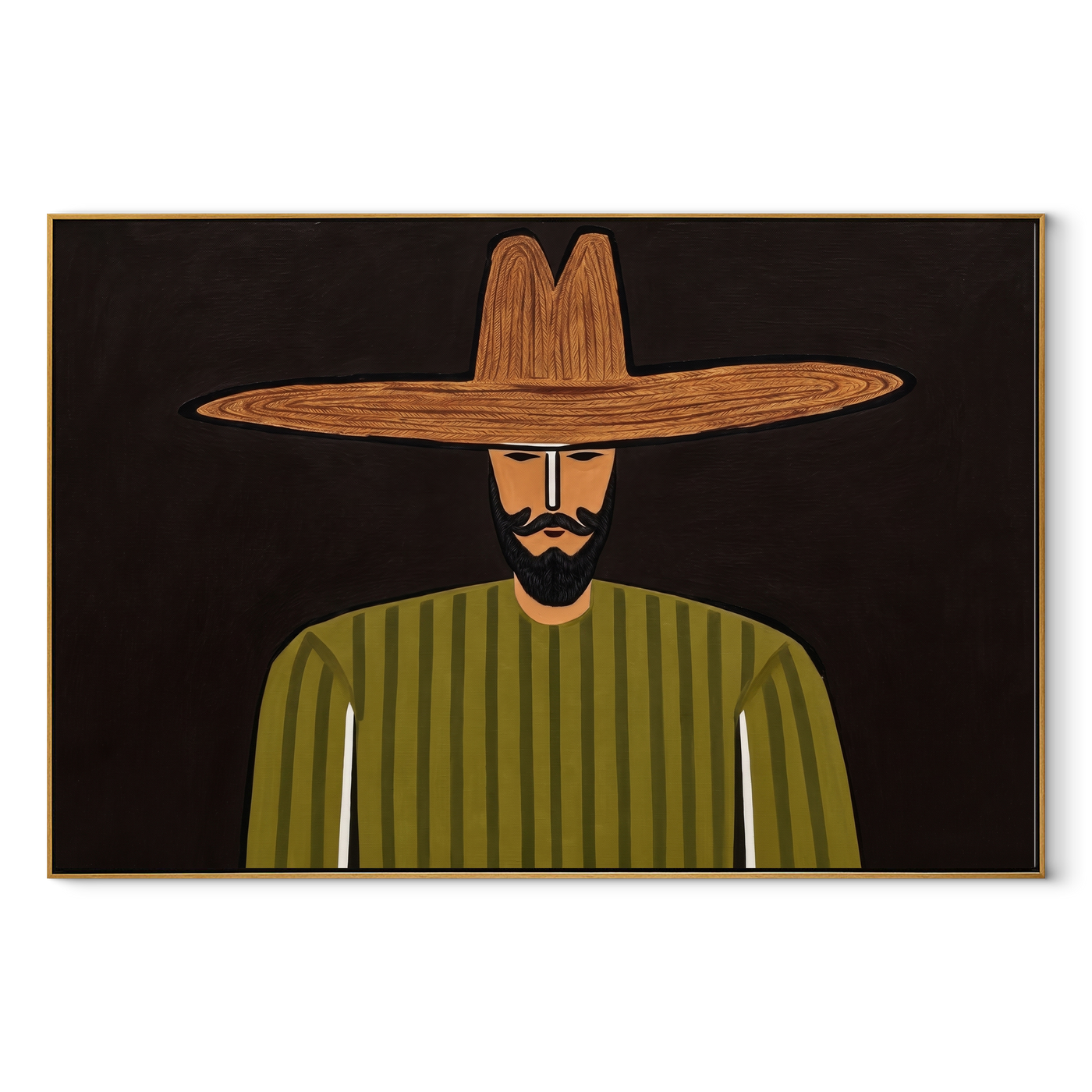 Olive Lines Face Midnight - Bearded Olive Portrait painting by Adrian Lee, mid-century modern horizontal wall art – wood frame on white background