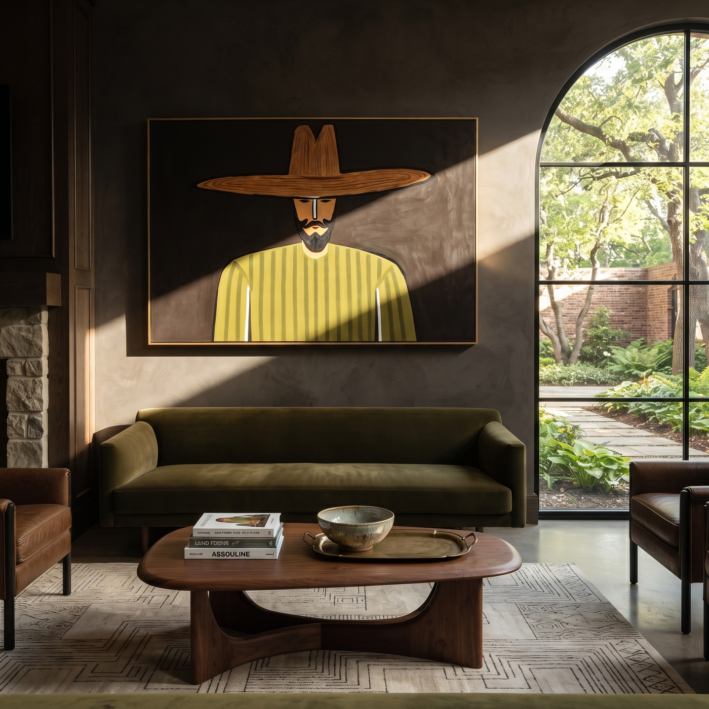 Olive Lines Face Midnight - Bearded Olive Portrait painting by Adrian Lee, mid-century modern horizontal wall art – styled room scene view 2