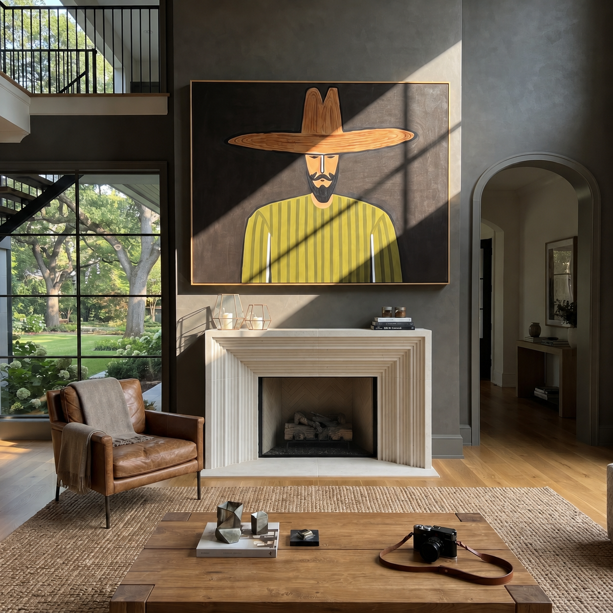 Olive Lines Face Midnight - Bearded Olive Portrait painting by Adrian Lee, mid-century modern horizontal wall art – styled room scene view 3