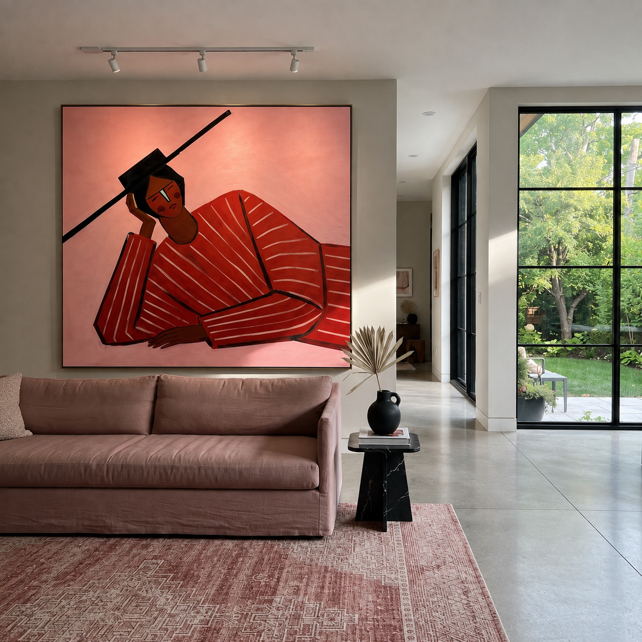 Scarlet Thought Leans Rose - Leaning Red Stripe Figure painting by Adrian Lee, mid-century modern square wall art – styled room scene view 1