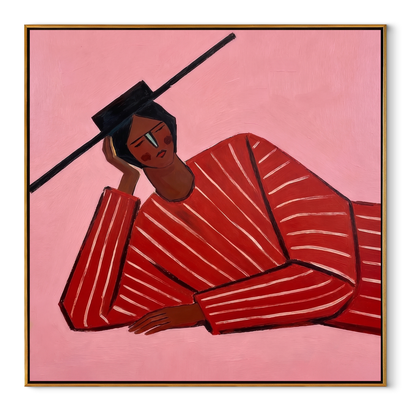 Scarlet Thought Leans Rose - Leaning Red Stripe Figure painting by Adrian Lee, mid-century modern square wall art – wood frame on white background