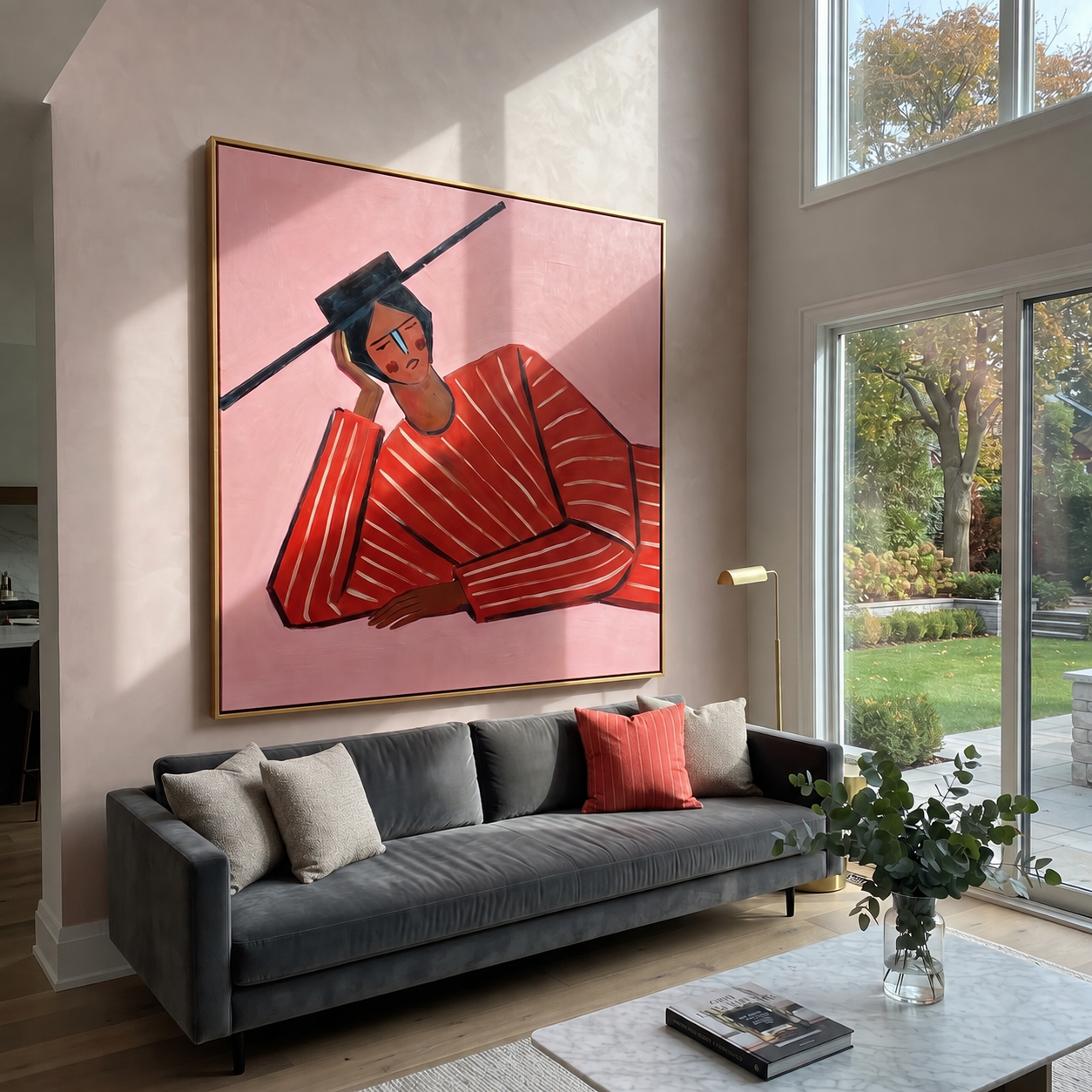 Scarlet Thought Leans Rose - Leaning Red Stripe Figure painting by Adrian Lee, mid-century modern square wall art – styled room scene view 2