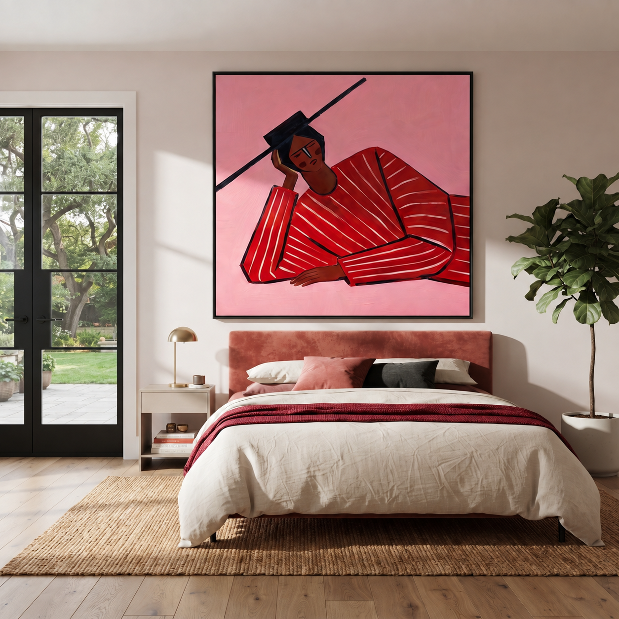 Scarlet Thought Leans Rose - Leaning Red Stripe Figure painting by Adrian Lee, mid-century modern square wall art – styled room scene view 3