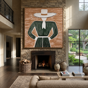 White Brim Frames Forest - Green Dress Hat Figure painting by Adrian Lee, mid-century modern square wall art – styled room scene view 1