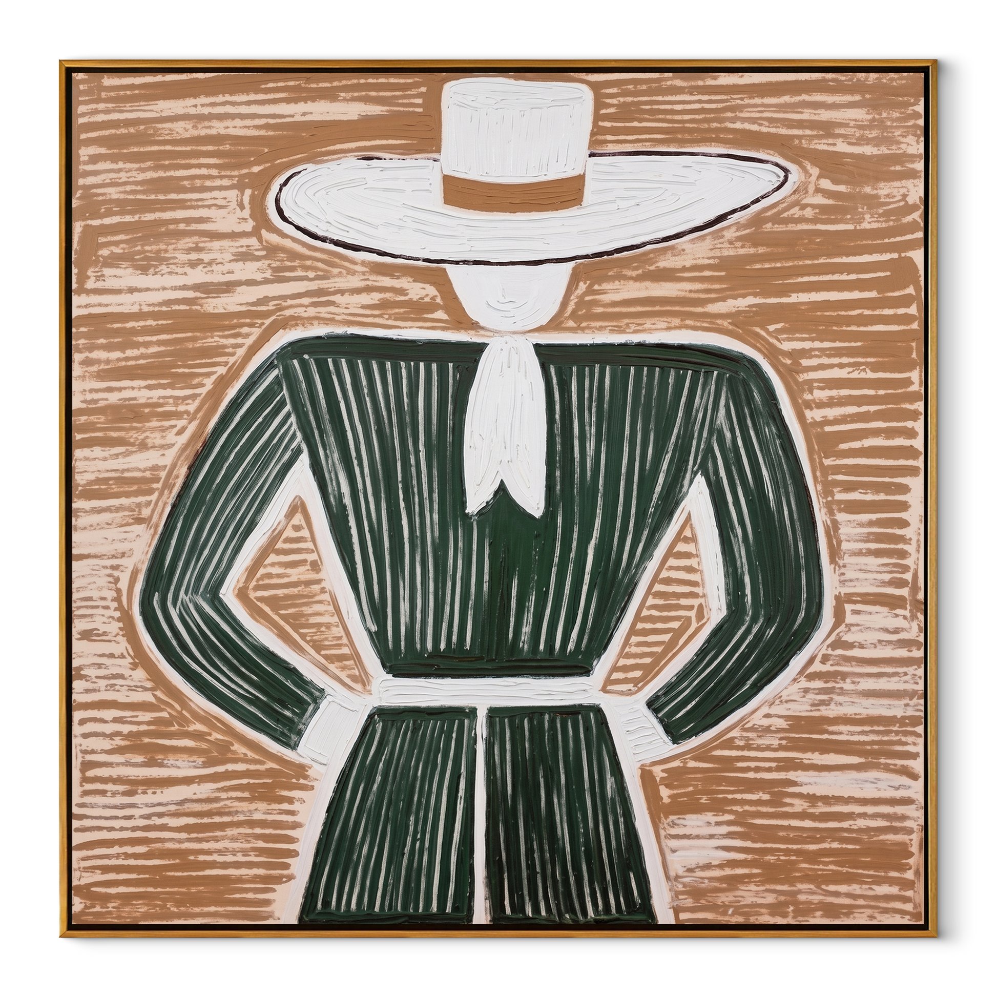 White Brim Frames Forest - Green Dress Hat Figure painting by Adrian Lee, mid-century modern square wall art – wood frame on white background