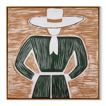White Brim Frames Forest - Green Dress Hat Figure painting by Adrian Lee, mid-century modern square wall art – wood frame on white background