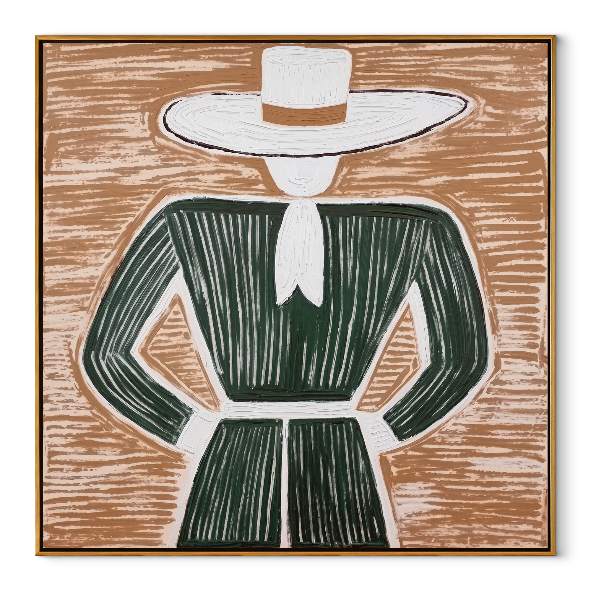 White Brim Frames Forest - Green Dress Hat Figure painting by Adrian Lee, mid-century modern square wall art – wood frame on white background