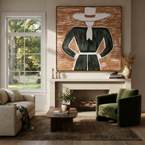 White Brim Frames Forest - Green Dress Hat Figure painting by Adrian Lee, mid-century modern square wall art – styled room scene view 2
