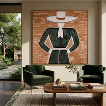 White Brim Frames Forest - Green Dress Hat Figure painting by Adrian Lee, mid-century modern square wall art – styled room scene view 3