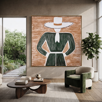 White Brim Frames Forest - Green Dress Hat Figure painting by Adrian Lee, mid-century modern square wall art – styled room scene view 4