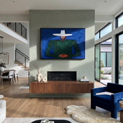 Cobalt Night Holds Forest - Bearded Green Figure painting by Adrian Lee, mid-century modern horizontal wall art – styled room scene view 1