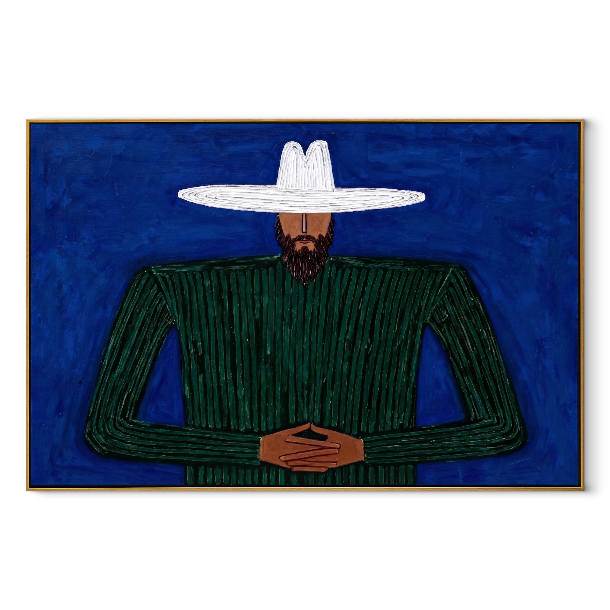 Cobalt Night Holds Forest - Bearded Green Figure painting by Adrian Lee, mid-century modern horizontal wall art – wood frame on white background