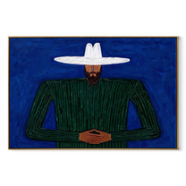 Cobalt Night Holds Forest - Bearded Green Figure painting by Adrian Lee, mid-century modern horizontal wall art – wood frame on white background