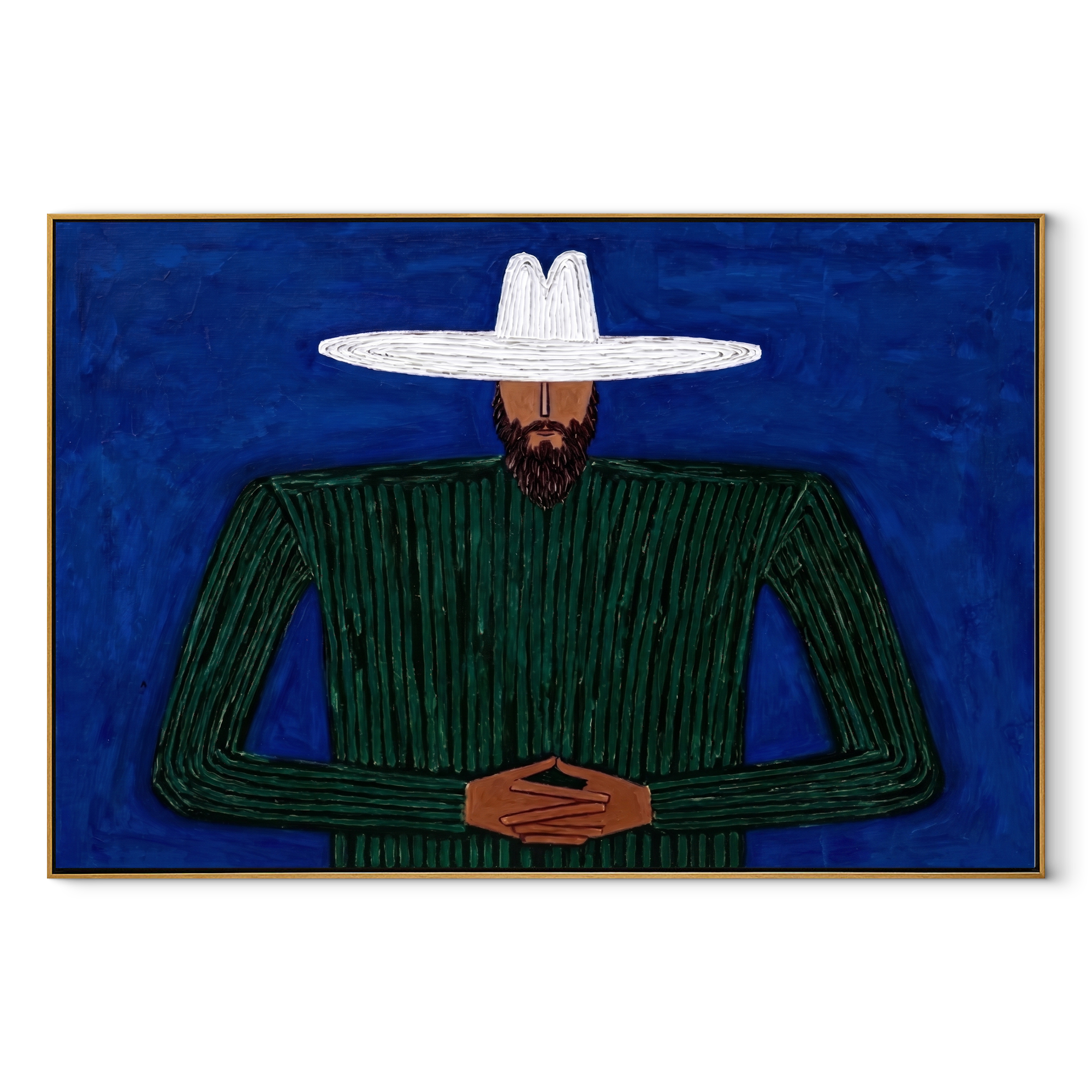 Cobalt Night Holds Forest - Bearded Green Figure painting by Adrian Lee, mid-century modern horizontal wall art – wood frame on white background