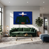 Cobalt Night Holds Forest - Bearded Green Figure painting by Adrian Lee, mid-century modern horizontal wall art – styled room scene view 2