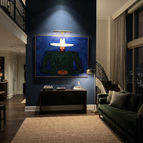 Cobalt Night Holds Forest - Bearded Green Figure painting by Adrian Lee, mid-century modern horizontal wall art – styled room scene view 3