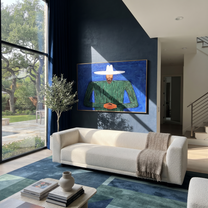 Cobalt Night Holds Forest - Bearded Green Figure painting by Adrian Lee, mid-century modern horizontal wall art – styled room scene view 4