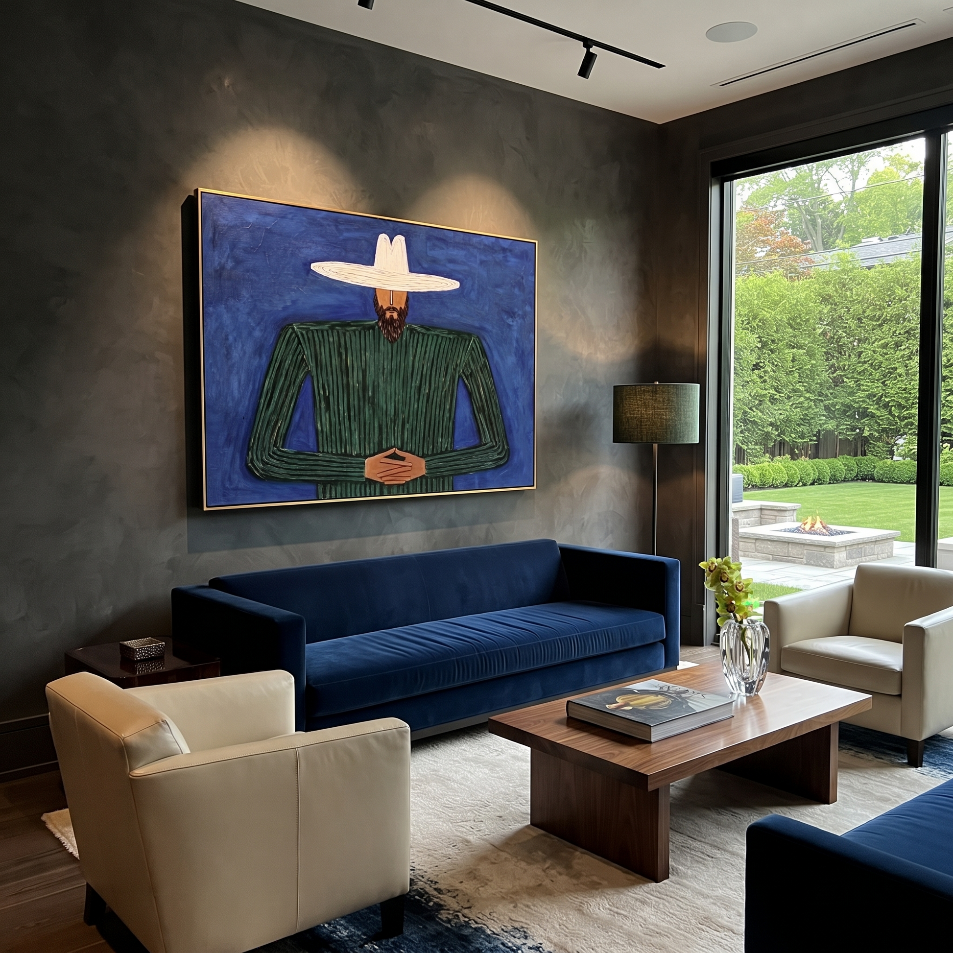 Cobalt Night Holds Forest - Bearded Green Figure painting by Adrian Lee, mid-century modern horizontal wall art – styled room scene view 5