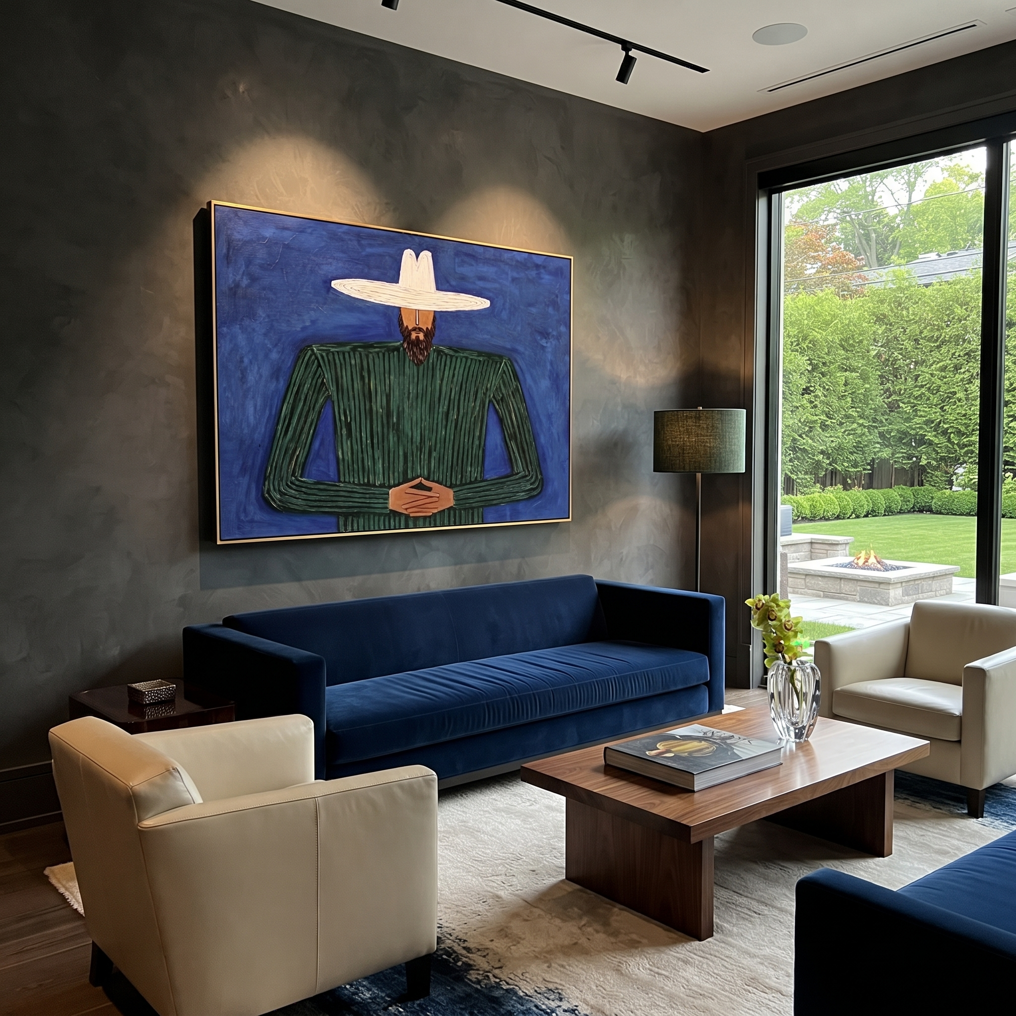 Cobalt Night Holds Forest - Bearded Green Figure painting by Adrian Lee, mid-century modern horizontal wall art – styled room scene view 5